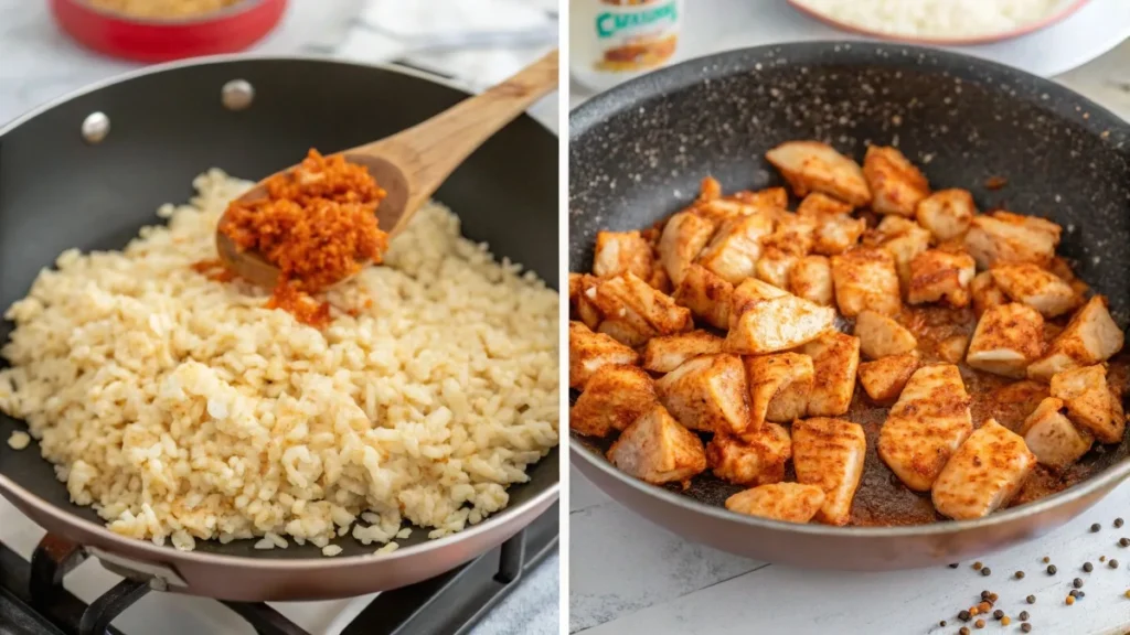 Step-by-step process of making Buffalo Chicken Rice Bowls, from cooking chicken to assembling the dish.