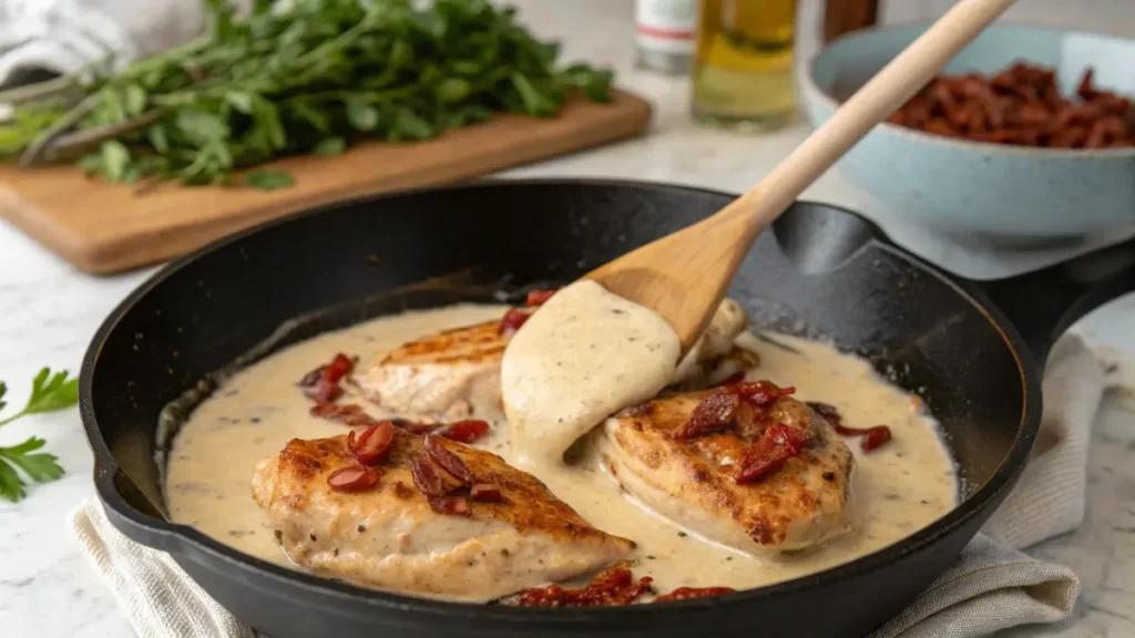  A close-up of the Marry Me Chicken cooking process, showing golden-seared chicken and a creamy Parmesan sauce being stirred in a skillet.