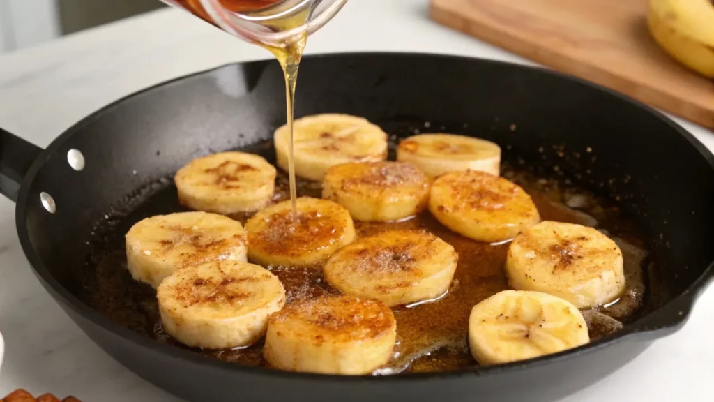 Golden-brown caramelized banana slices in a skillet, drizzled with honey and sprinkled with cinnamon, showcasing how cooking enhances banana flavor.