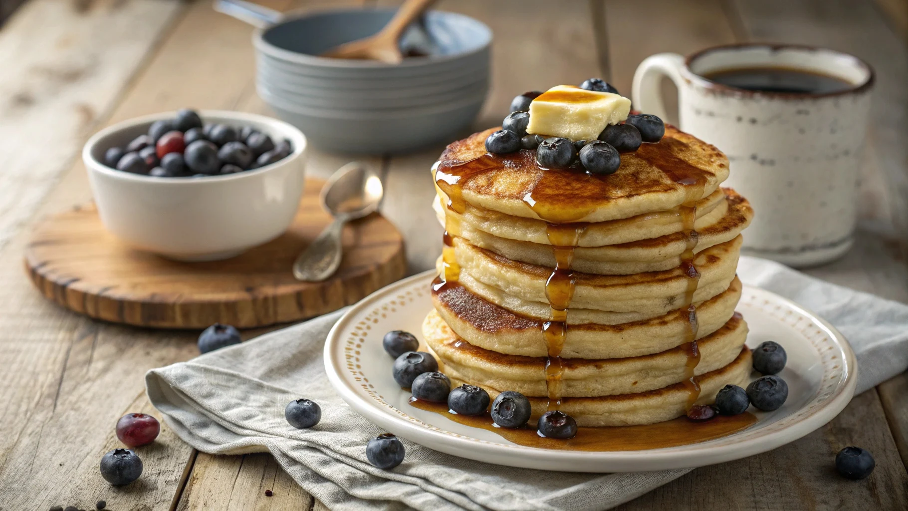 A stack of fluffy pancakes with maple syrup, blueberries, and butter, served on a rustic table with coffee.