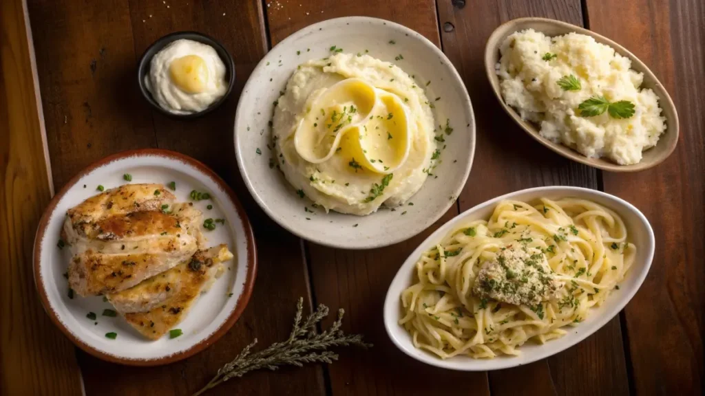 Plates of mashed potatoes, penne pasta, and lemon herb rice as side dishes for Marry Me Chicken.