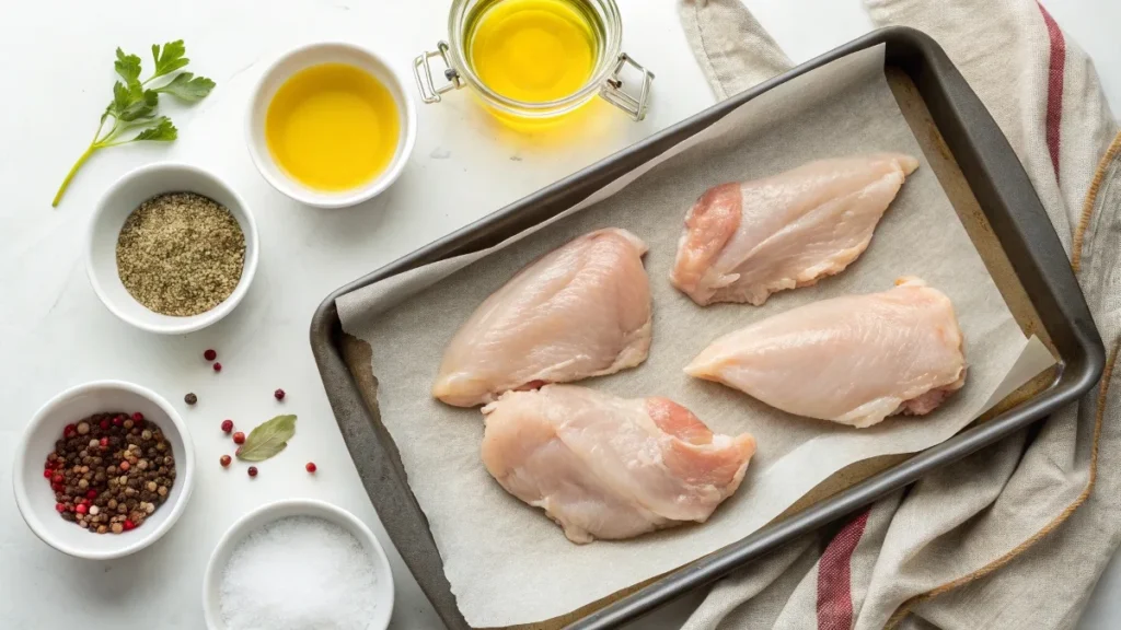 Raw chicken on a parchment-lined baking sheet with bowls of seasoning and oil.