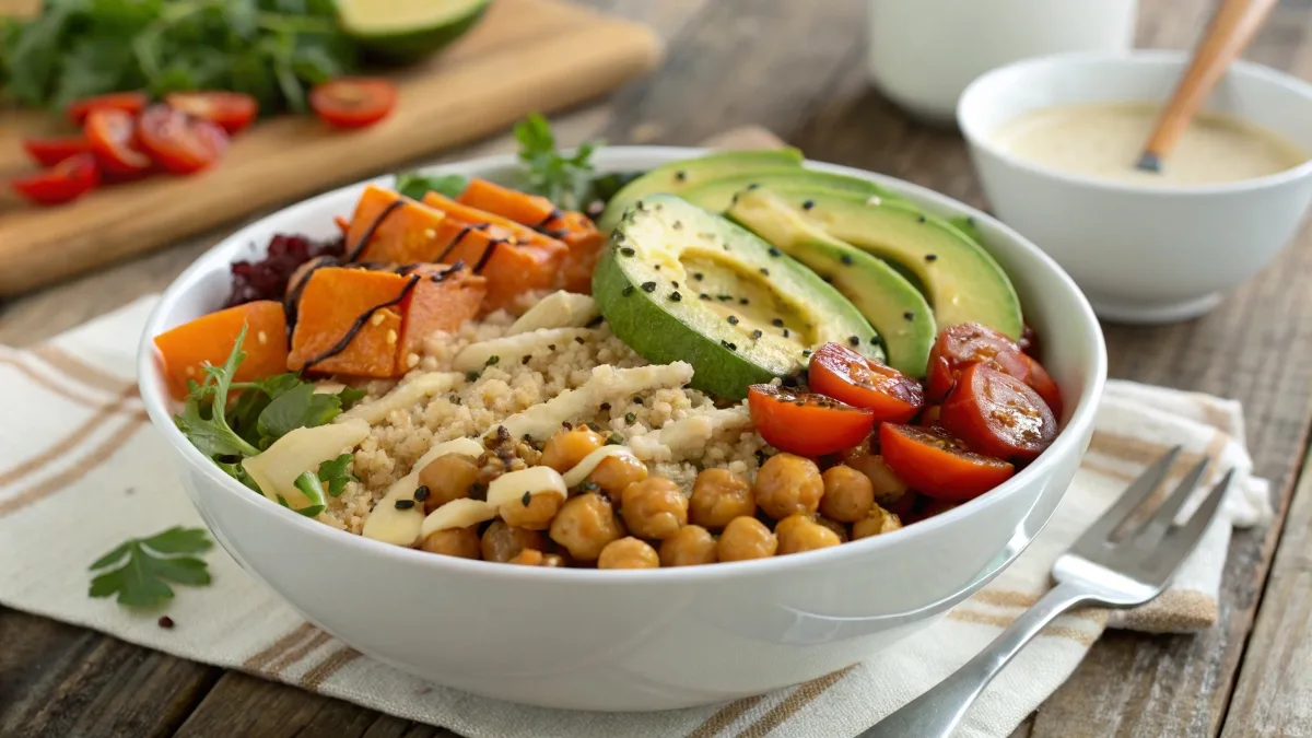 A grain bowl with quinoa, roasted veggies, avocado, chickpeas, and tahini dressing on a wooden table.