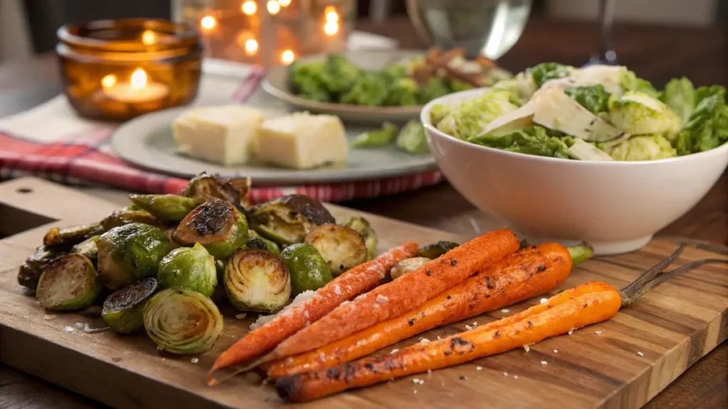 Roasted Brussels sprouts, honey-glazed carrots, and Caesar salad served as vegetable side dishes for Marry Me Chicken.