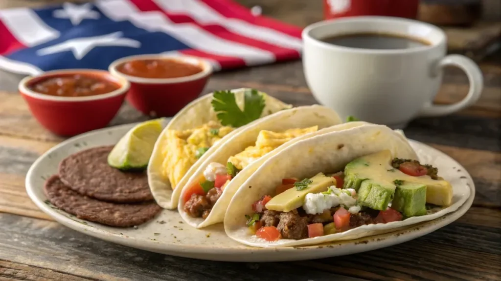 Rustic table setting with breakfast tacos, salsa, and coffee, highlighting the Texan breakfast tradition.