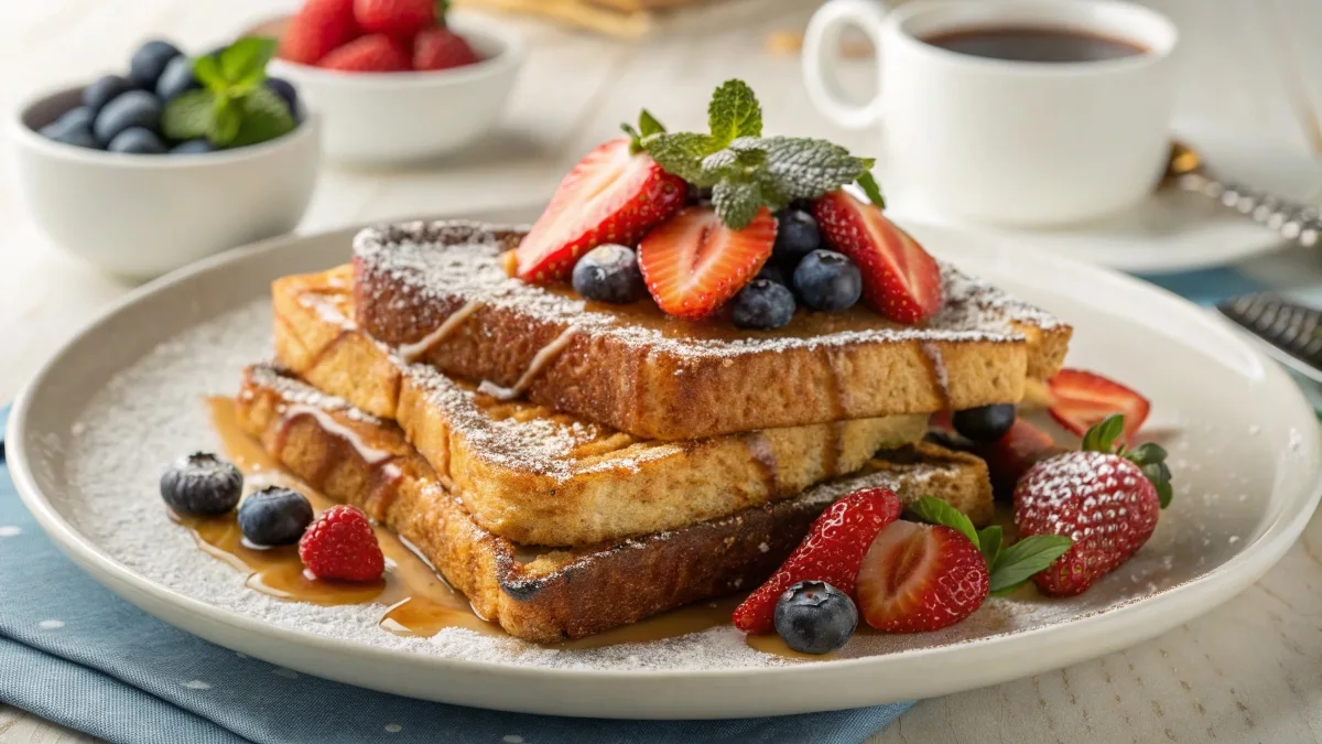 Plate of French toast with powdered sugar, syrup, and fresh berries