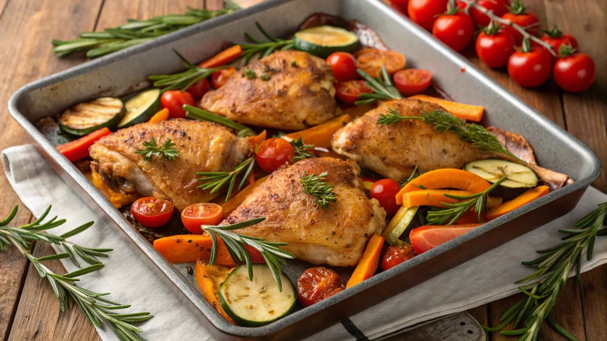 Roasted chicken thighs with colorful vegetables on a sheet pan garnished with fresh herbs.