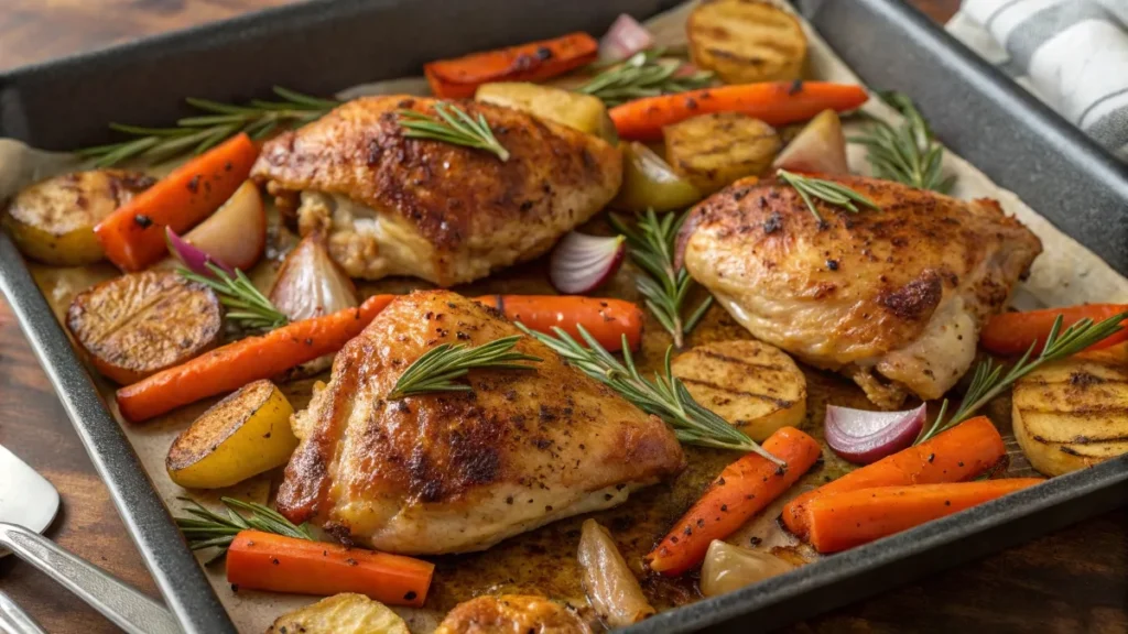 Crispy baked chicken thighs on a sheet pan with roasted carrots, potatoes, and onions, garnished with fresh rosemary.