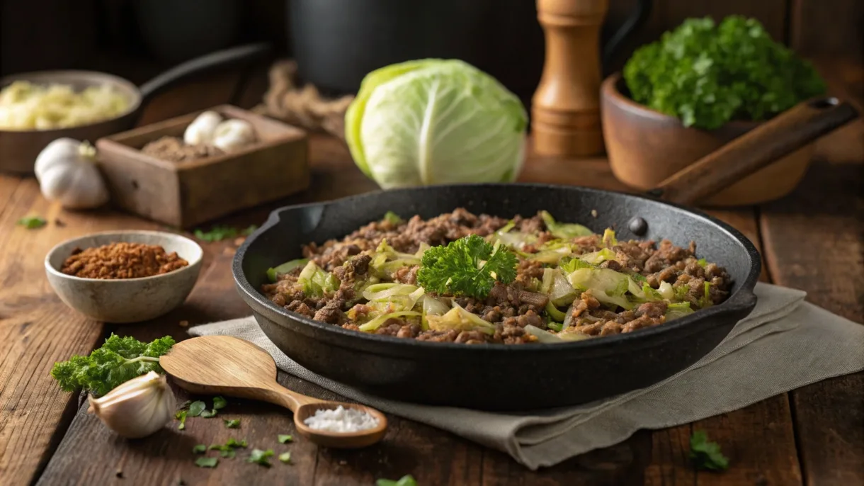 A rustic skillet filled with ground beef and cabbage, garnished with parsley, placed on a wooden table surrounded by fresh ingredients like cabbage and garlic.