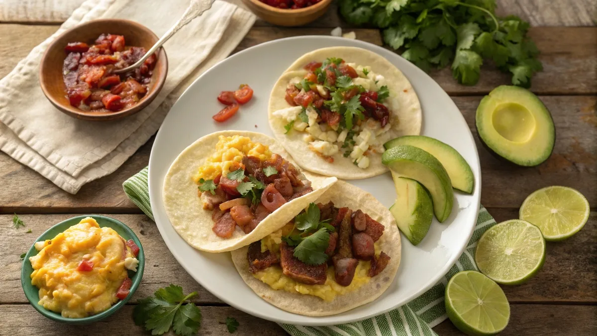 A plate of three breakfast tacos with bacon and egg, chorizo and potato, and vegan fillings, surrounded by fresh ingredients like avocado and cilantro.