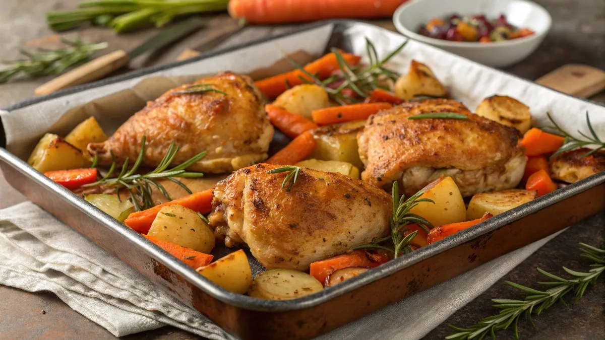 Sheet pan with crispy baked chicken thighs and roasted vegetables garnished with fresh herbs.