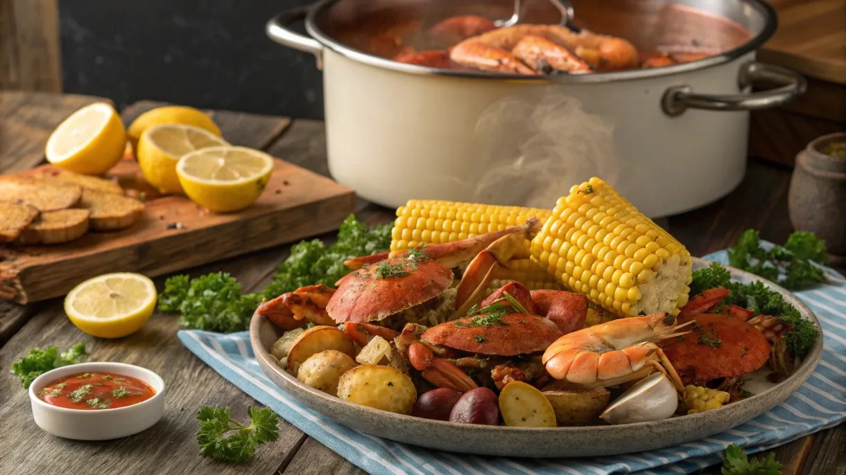 A colorful seafood boil with crabs, shrimp, corn, and potatoes served on a rustic table with spices and lemon wedges.