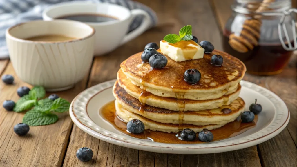 Stack of golden pancakes topped with butter and syrup, surrounded by blueberries and a cup of coffee on a rustic table.