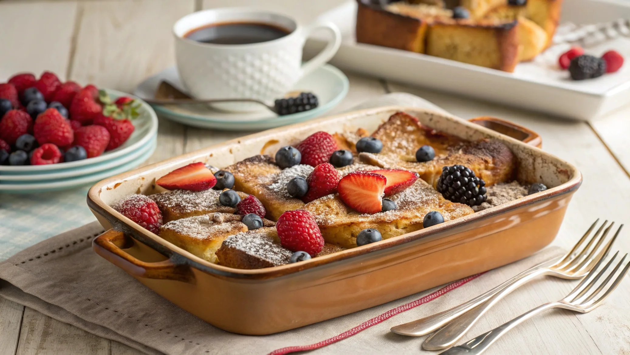 French Toast Casserole topped with fresh berries and powdered sugar in a baking dish on a breakfast table.