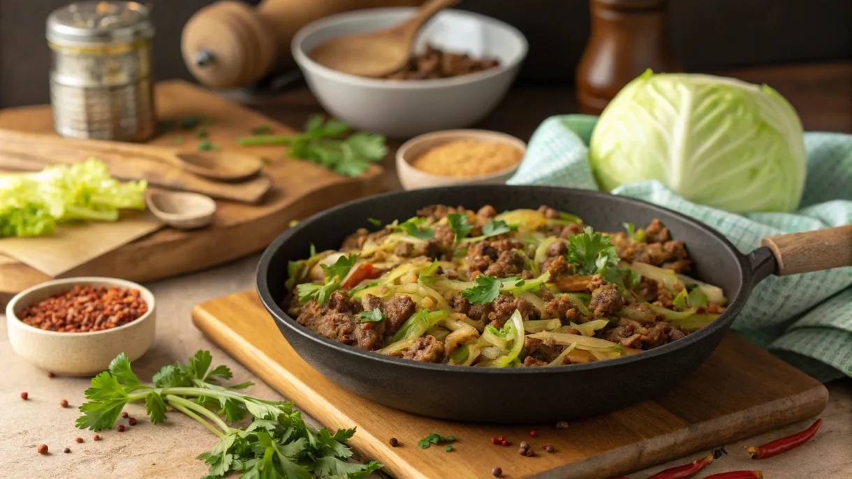 Skillet filled with sizzling cabbage and ground beef stir-fry, garnished with fresh herbs, in a rustic kitchen setting.