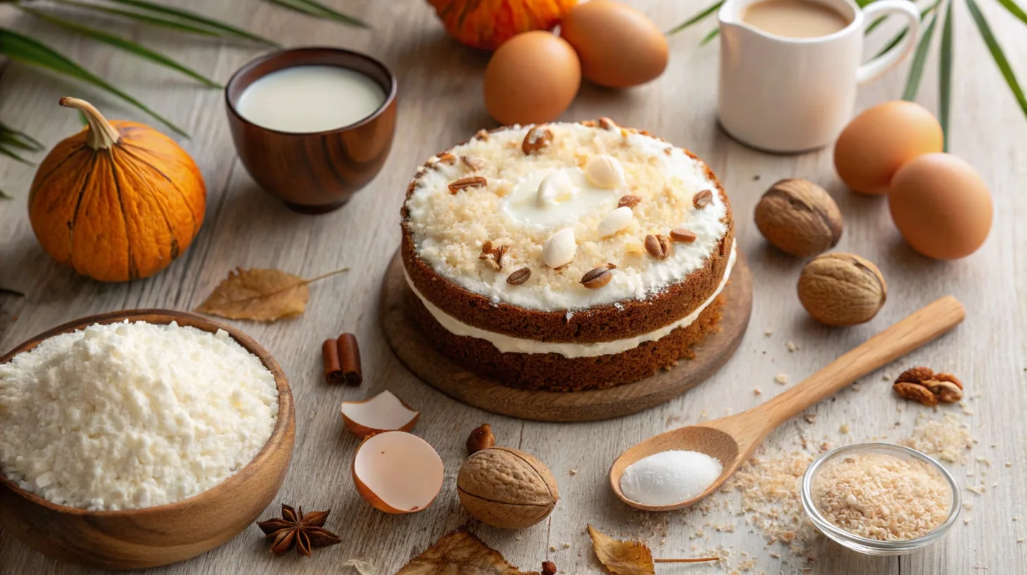 Moist pumpkin cake with cream cheese frosting, topped with pecans and cinnamon, surrounded by fall decorations like pumpkins and autumn leaves.