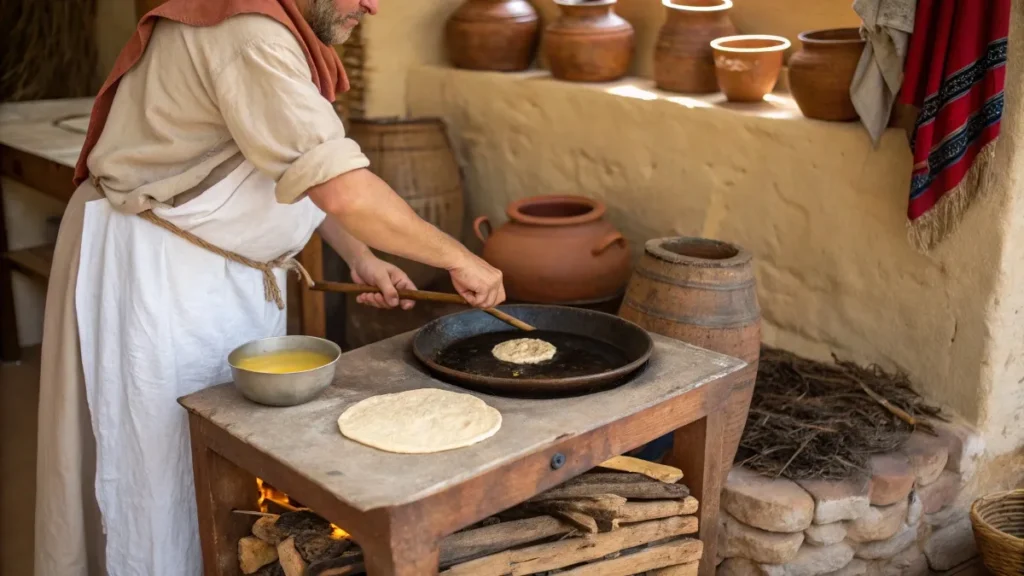 An ancient Greek cook preparing tagenites on a clay stove with simple ingredients like olive oil and honey.