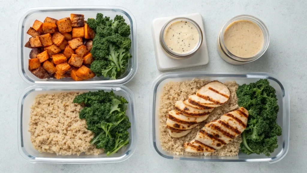 Meal prep containers with quinoa, chicken, roasted sweet potatoes, kale, and tahini dressing.