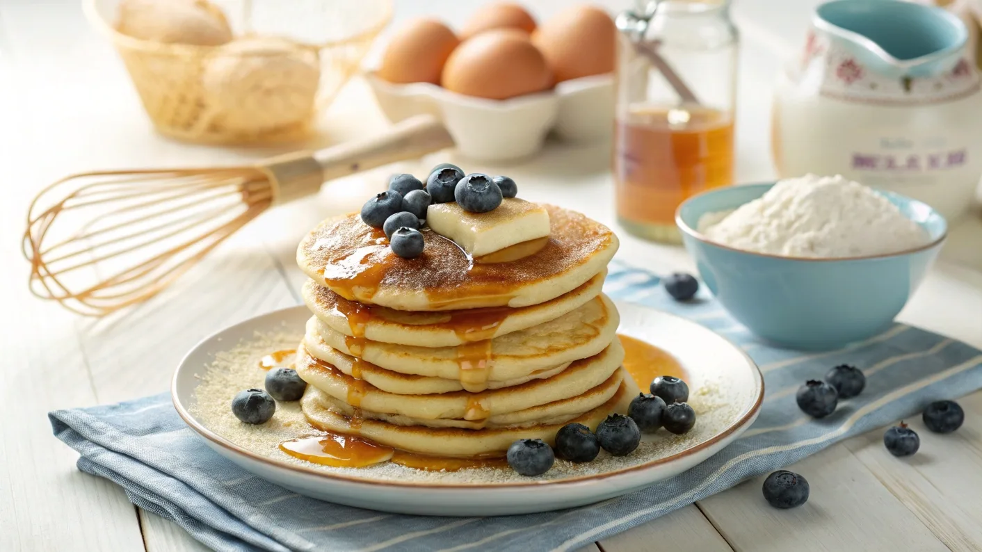 Stack of golden pancakes topped with blueberries and syrup, surrounded by ingredients like eggs and flour.