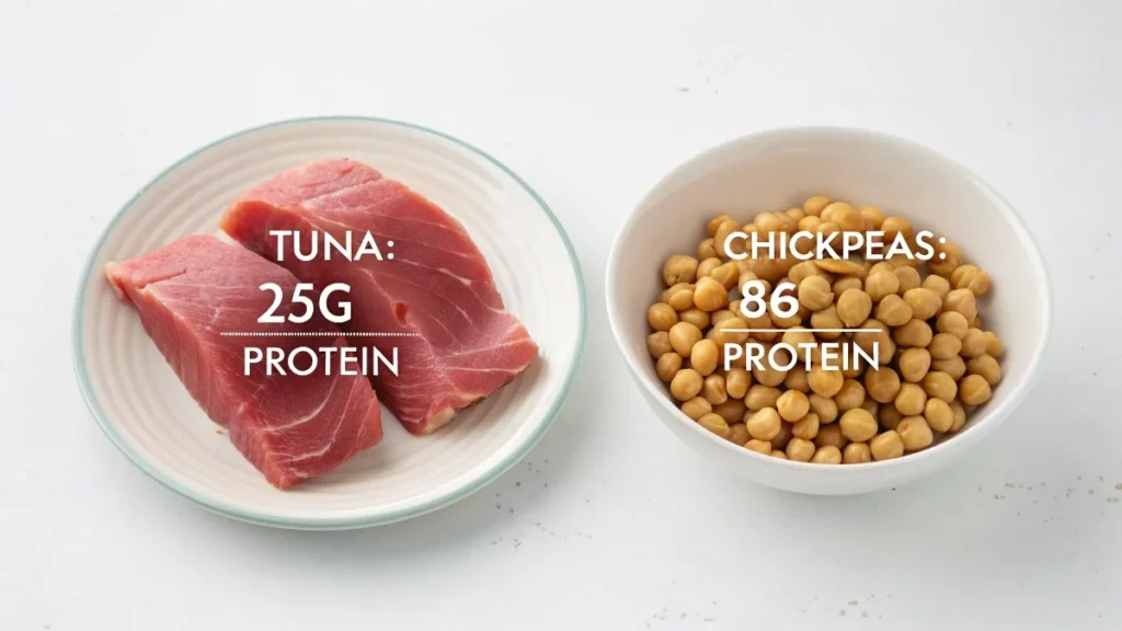 Side-by-side comparison of a plate of tuna fillets and a bowl of chickpeas, highlighting their protein content per 100 grams.