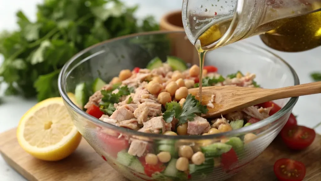 Close-up of high-protein tuna and chickpea salad being tossed in a glass mixing bowl with fresh herbs and olive oil.