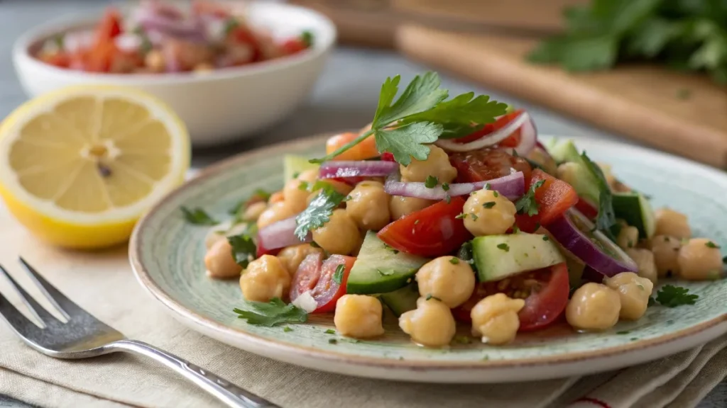 Close-up of a serving of chickpea salad with fresh veggies, herbs, and a lemon wedge on a small plate