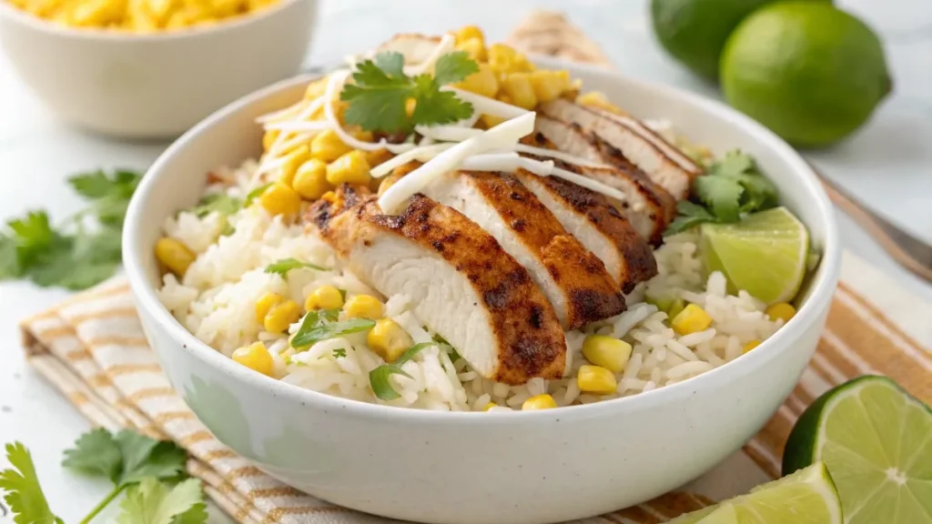 Fully assembled Street Corn Chicken Rice Bowl with rice, grilled chicken, creamy corn, cilantro, and lime.