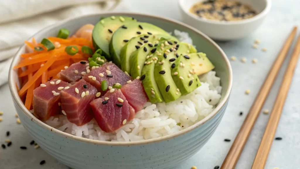 Close-up of sushi rice bowl topped with fresh tuna, avocado, pickled ginger, and sesame seeds, with chopsticks on the side.