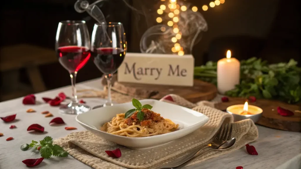 A romantic table setting featuring a plate of marry me pasta, wine glasses, a candle, and rose petals, creating an intimate and cozy atmosphere.