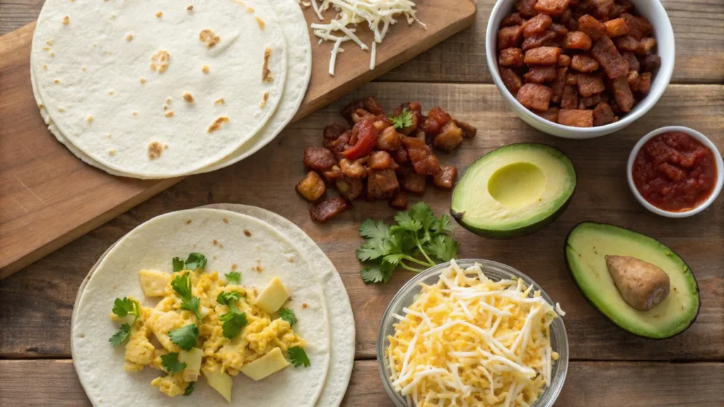 A flat-lay of breakfast taco and burrito ingredients, including tortillas, eggs, bacon, chorizo, potatoes, cheese, avocado, cilantro, and salsa, arranged on a rustic wooden surface.