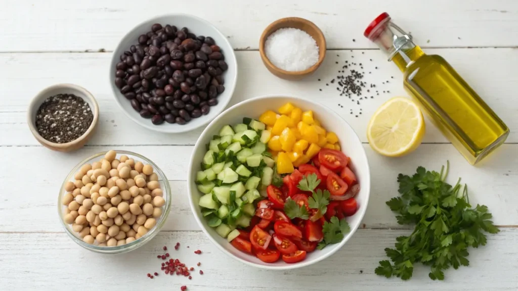 Flat lay of ingredients for dense bean salad: black beans, chickpeas, kidney beans, cherry tomatoes, cucumbers, bell peppers, parsley, olive oil, and lemon.