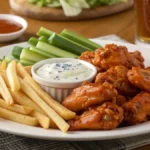 Buffalo chicken wings with fries, celery sticks, and blue cheese dressing paired with a refreshing drink.