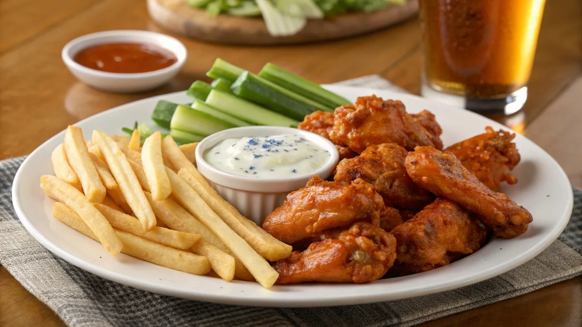 Buffalo chicken wings with fries, celery sticks, and blue cheese dressing paired with a refreshing drink.