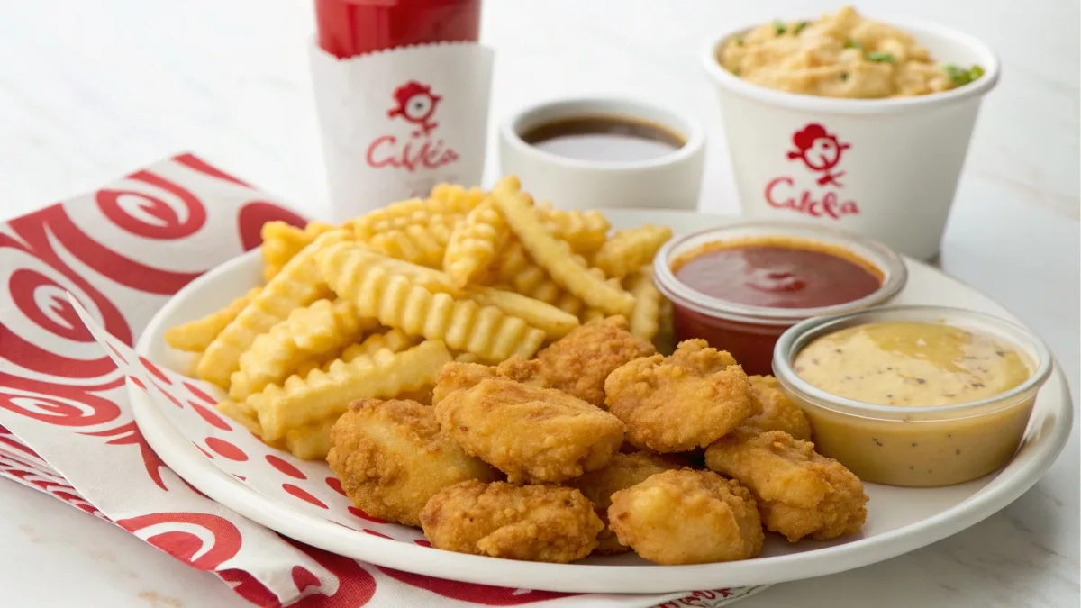 Plate of Chick-fil-A chicken nuggets with waffle fries and sauces.