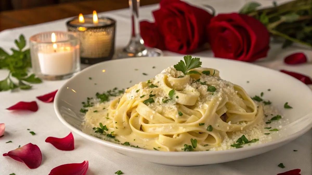 A creamy and indulgent plate of marry me pasta garnished with fresh parsley and parmesan cheese, set against a romantic backdrop with rose petals and candlelight.