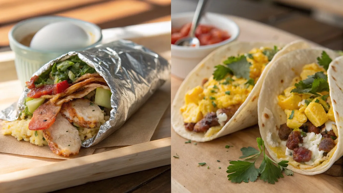 A split-image showing breakfast tacos with eggs, bacon, and cilantro on one side, and a breakfast burrito with eggs, beans, and cheese on the other.