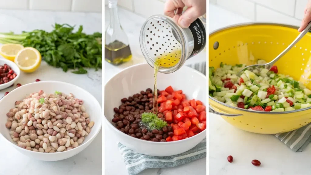 Step-by-step process of making bean salad, including rinsing beans, chopping vegetables, and mixing ingredients.