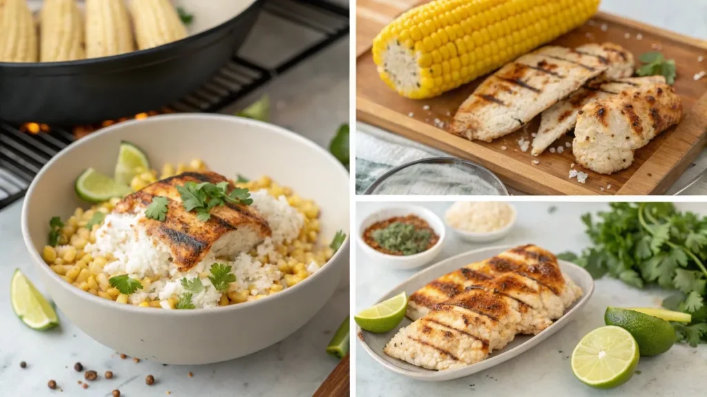 Step-by-step preparation of the Street Corn Chicken Rice Bowl: marinated chicken, grilled corn, and bowl assembly.