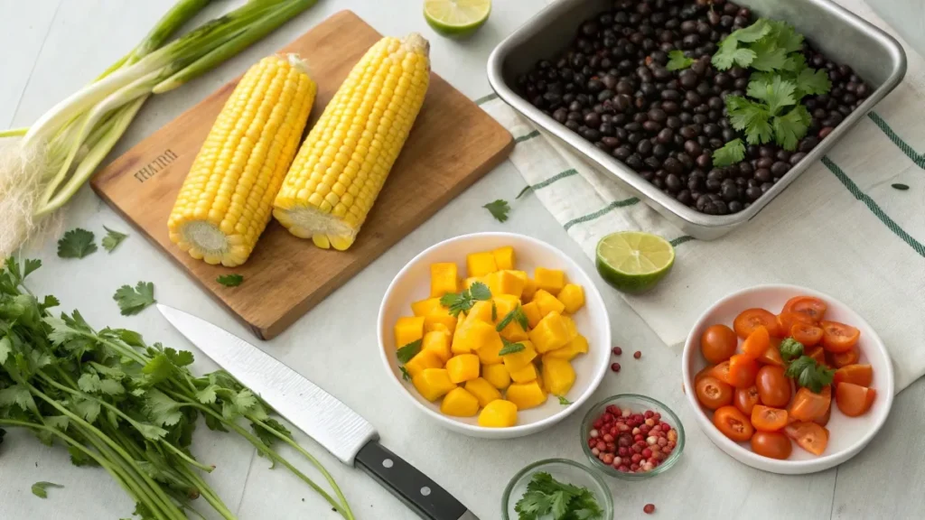 Fresh ingredients for Three Sacred Sisters Salad, including corn, beans, squash, lime wedges, tomatoes, and cilantro, on a rustic kitchen counter.