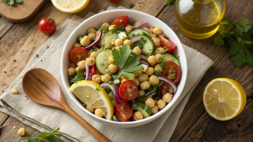 Top-down view of Mediterranean chickpea salad with fresh vegetables and lemon wedges, served on a rustic table.