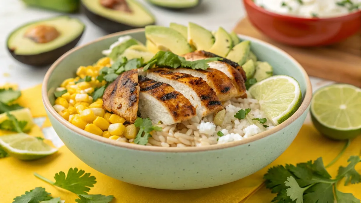 Street Corn Chicken Rice Bowl with grilled chicken, Mexican street corn, rice, and toppings like cilantro, lime, and avocado.