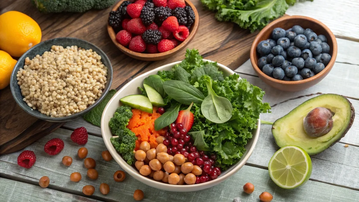 A vibrant display of plant-based foods including quinoa, kale, lentils, chickpeas, and fresh berries on a wooden table.