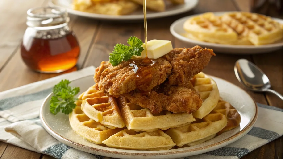 A plate of crispy fried chicken on golden waffles drizzled with syrup.