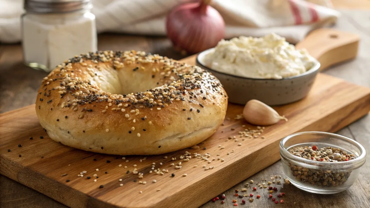 Close-up of a freshly baked bagel topped with everything bagel seasoning, including sesame seeds, poppy seeds, garlic, and onion flakes, on a rustic wooden board.