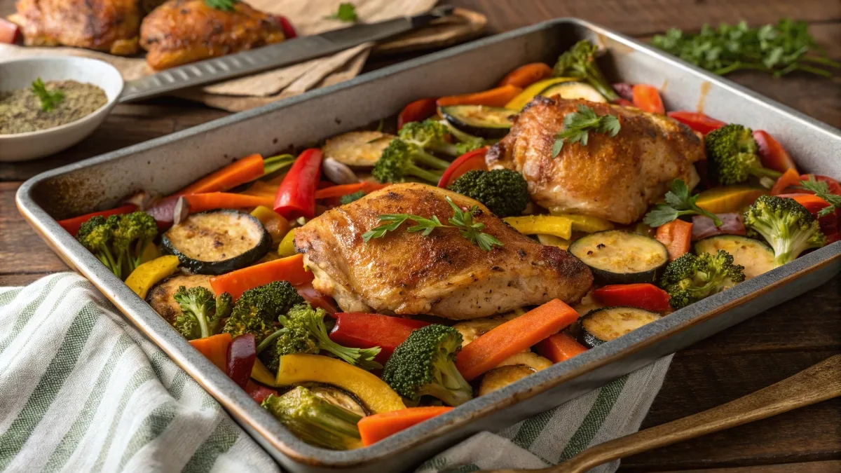 Roasted sheet pan chicken and veggies with carrots, broccoli, zucchini, and bell peppers garnished with parsley.