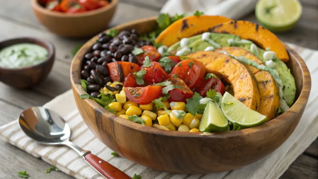 A finished Three Sacred Sisters Salad with corn, beans, squash, tomatoes, and cilantro in a wooden bowl.