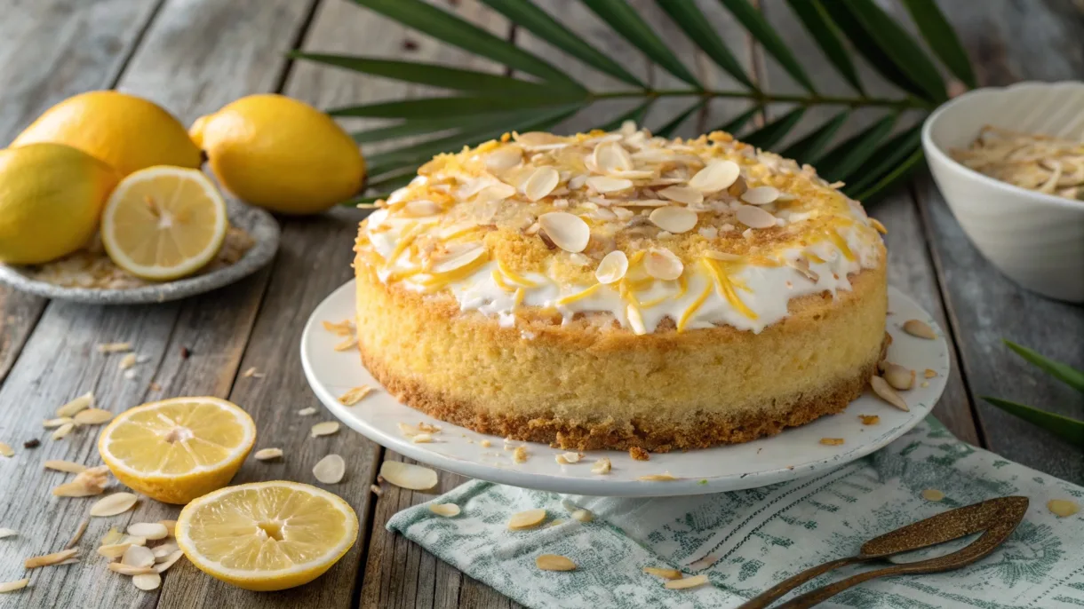 Golden Lemon Coconut Cake with toasted coconut flakes and lemon glaze, served on a rustic table with fresh lemons and coconut halves.