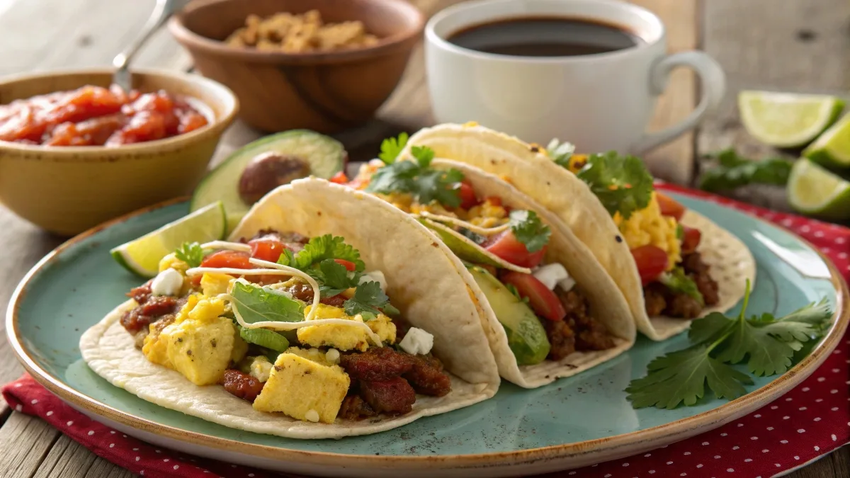 A plate of delicious breakfast tacos with eggs, chorizo, avocado, and cheese, topped with cilantro and hot sauce, served on a rustic wooden table with coffee and salsa