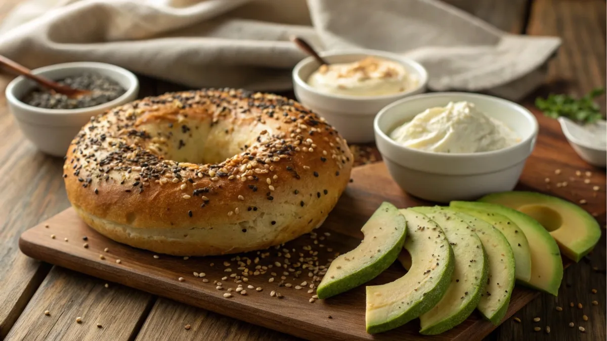 A close-up of a bagel topped with Everything Bagel seasoning, surrounded by bowls of seasoning, cream cheese, and avocado slices on a wooden table.