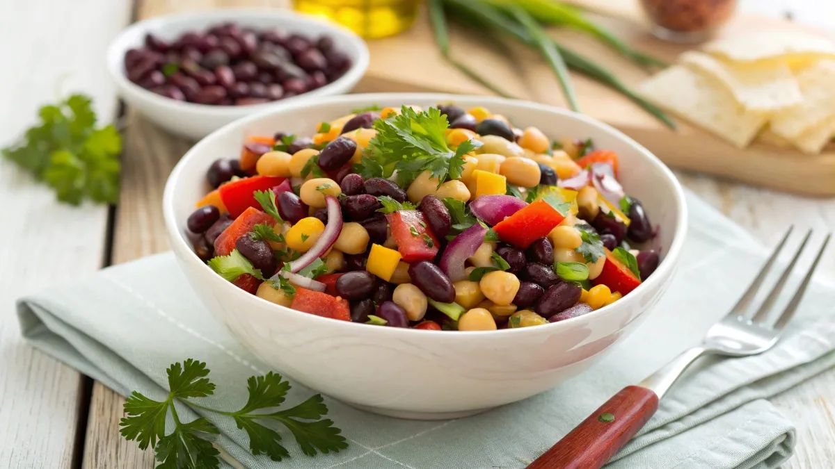 A colorful bean salad with black beans, chickpeas, kidney beans, bell peppers, and parsley in a white bowl.